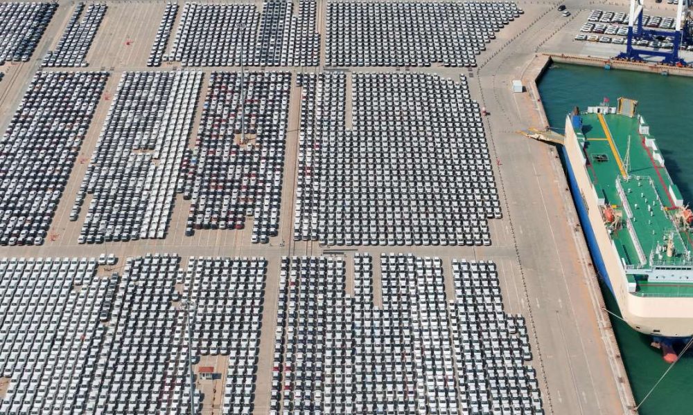 A large number of Chinese-made cars are being gathered at Yantai Port for shipment for export in Yantai, Shandong Province, China, on April 12, 2024. (Photo by Costfoto/NurPhoto) (Photo by CFOTO / NurPhoto / NurPhoto via AFP)